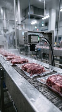 Vacuum sealed raw beef steaks move along a conveyor belt under an automated inspection camera in a processing facility