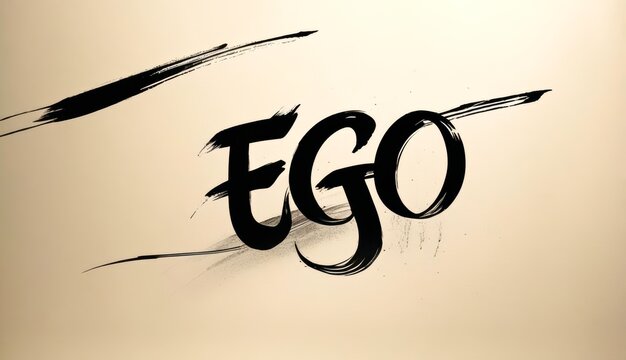 Black brush strokes form the word "EGO." Bold calligraphy evokes strength