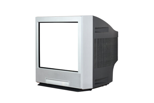 Old silver TV isolated on white background. Retro technology concept. Blank screen for text.Vintage TVs 1980s 1990s 2000s. 