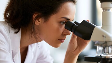 Fototapeta premium A focused individual examining a specimen through a microscope in a well lit laboratory setting