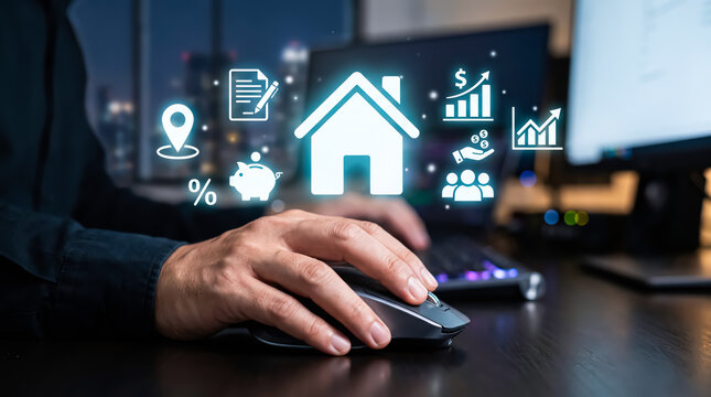 Businessman hand using mouse with glowing house and real estate finance icon interface on computer screen