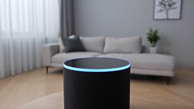 ?Hand activation of smart speaker in modern living room setting
