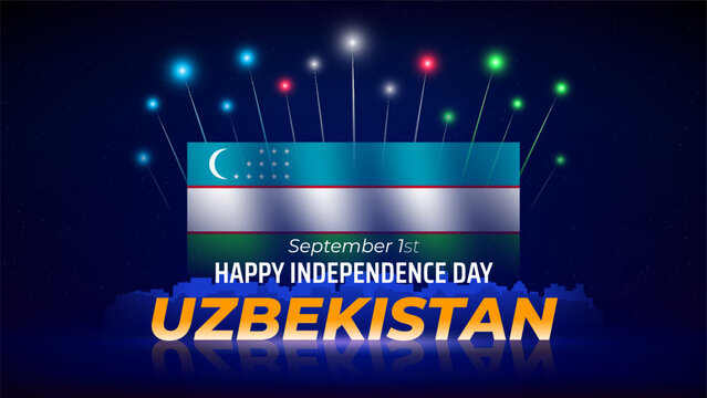September 1, uzbekistan independence day. Fireworks, uzbek flag. Colorful flag and cityscape against a dark night sky. National holiday september 1st independence of uzbekistan. Vector