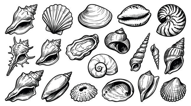 Various hand-drawn seashells and conchs are arranged in a pattern, showcasing different shapes and textures in black and white line art