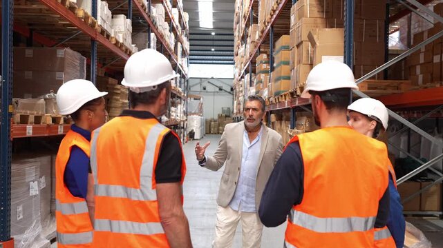 Senior manager explaining work procedures to a multicultural team of employees in a large industrial storage facility with high racks