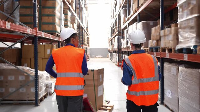 Two diverse female employees in hard hats and safety vests walking through a warehouse aisle, managing inventory and discussing logistics