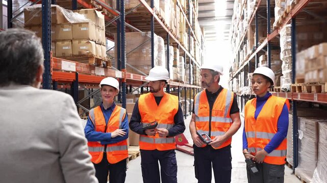 Logistics manager conducting a morning meeting with a diverse group of employees in a large distribution center aisle surrounded by racks