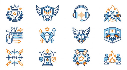 Collection of Gaming Icons and Symbols Representing Esports and Competition. © Cakung