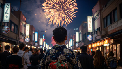 Obraz premium お祭りの歩行者天国の人混みの中でふと足を止めて頭上の大輪の花火を見上げる浴衣姿の男性