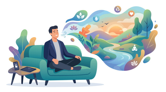 A young man meditating on a sofa visualizing a peaceful nature scene.