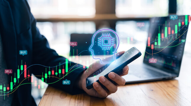 Businessman using smartphone for aipowered stock market trading and financial data analysis