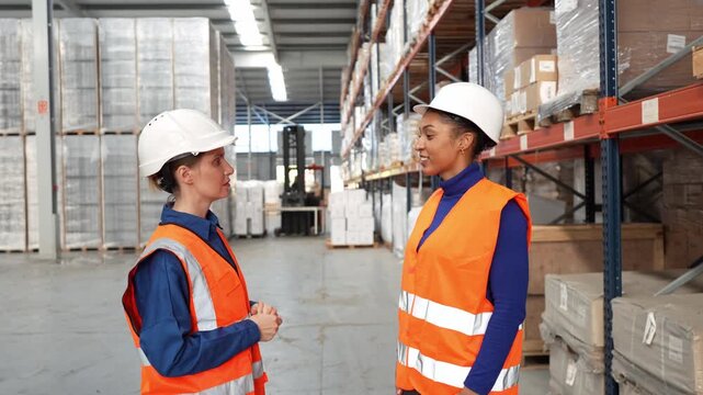 Diverse female colleagues in safety vests and hard hats having a conversation in a large logistics distribution center full of shelves