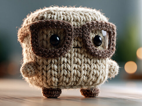 Cute knitted cube character wearing brown glasses