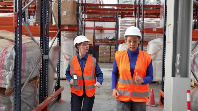 Two scared female warehouse workers running through an aisle between racks. An industrial accident or emergency is happening in the facility