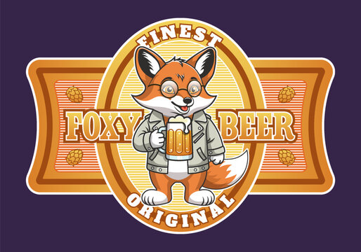 Vector label or sticker. Cute cheerful smiling standing red fox wearing jacket and holding mug of beer. Finest original drink. Cuddly animal toon. Alcoholic beery beverage. Coaster