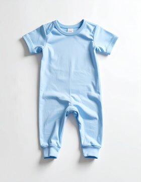 Soft, light blue, short-sleeved baby romper with snaps at the crotch