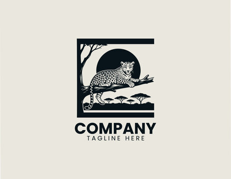 Leopard resting on tree branch in African savanna black vector logo illustration