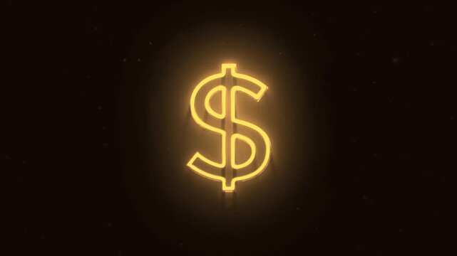 Golden dollar sign glows against dark backdrop. Soft particles drift around glowing symbol. Flickering neon effect enhances visual appeal. Ideal for finance, business, or monetary themes