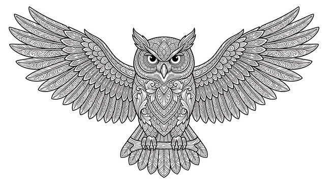 Intricate Owl Line Art with Decorative Pattern and Spread Wings