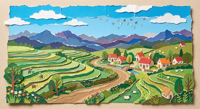 Ripped Paper Craft Countryside Landscape with Mountain and Rice Field, Playful Torn Paper Collage for Kids Education Background