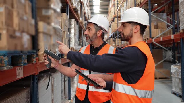 Two professional warehouse employees using a digital tablet and a barcode scanner for inventory management in a large logistics distribution center
