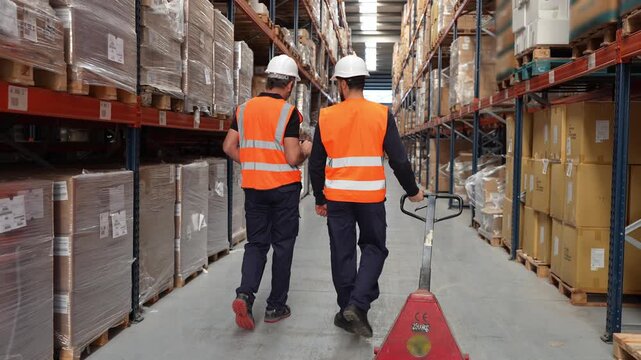 Two male logistic employees in safety vests and hard hats walking and talking in a large warehouse. A worker is pulling a manual pallet jack