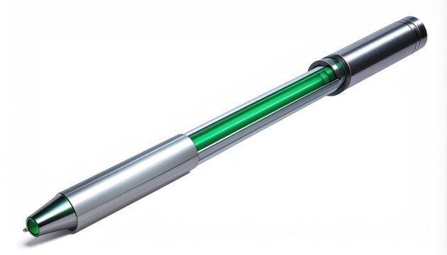 Sleek silver writing instrument with glowing green liquid core