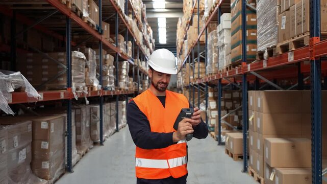 Young male worker managing inventory in a large distribution center. Professional employee using a handheld barcode scanner for package tracking