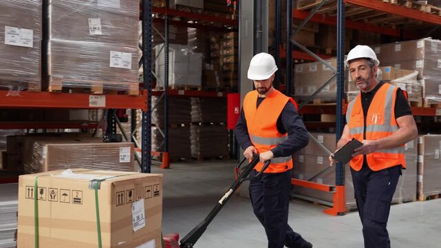 Two warehouse employees collaborating on logistics tasks. A manager with a tablet gives instructions to a worker moving a large box with a pallet truck