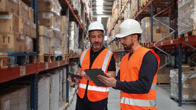 Two male logistics employees using a barcode scanner and a digital tablet for inventory management in a large distribution center aisle