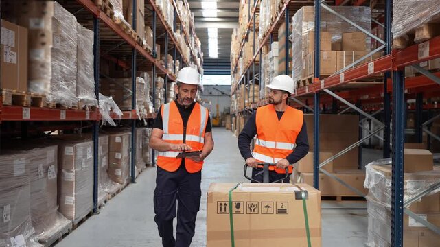 Two warehouse employees walking in a distribution center aisle. One worker pulls a pallet jack with a large box, while the other checks a tablet