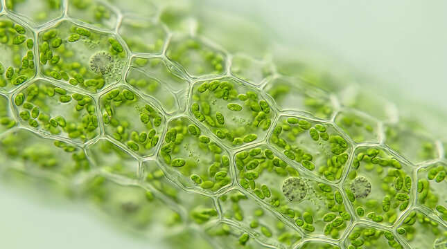 Plant Leaf Cells Under Microscope with Green Chloroplasts