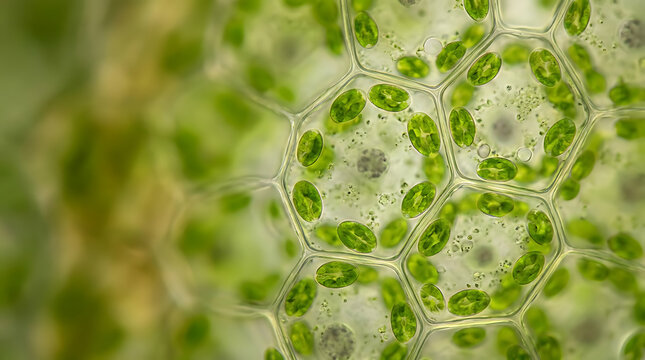 Close Up of Plant Cells Under Microscope with Visible Green Chloroplasts