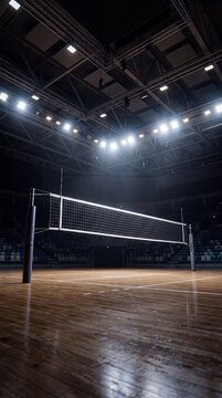 Leere Volleyballhalle bei Nacht mit gespanntem Netz und Flutlicht &uuml;ber gl&auml;nzendem Parkettboden
