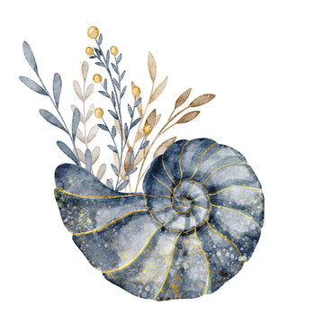 Nautilus watercolor illustration. Isolated Shell with plants. Fantasy botanical marine composition with spiral mollusk and leaves for nursery poster and dreamy childish storybook art.
