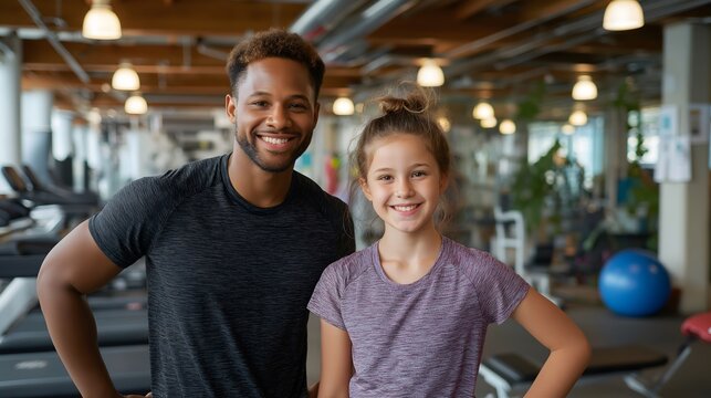 Mixed race male PE teacher in athletic wear with young girl age 9 in school gym. Both smiling energetically. Physical education, active lifestyle, fitness education concept.