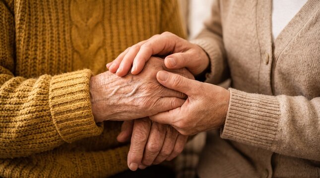 Senior couple holding hands in warm embrace. Elderly partners showing love and support with gentle grip on couch.
