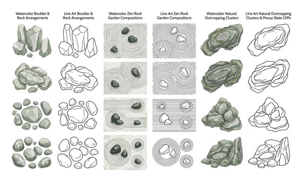 Watercolor and Line Art Zen Rock Garden Stone Illustration Set