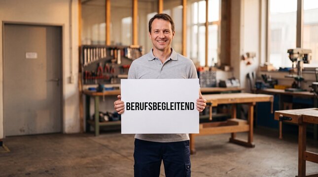 L&auml;chelnder Handwerker in mittlerem Alter h&auml;lt in einer Werkstatt ein wei&szlig;es Schild mit dem Wort Berufsbegleitend