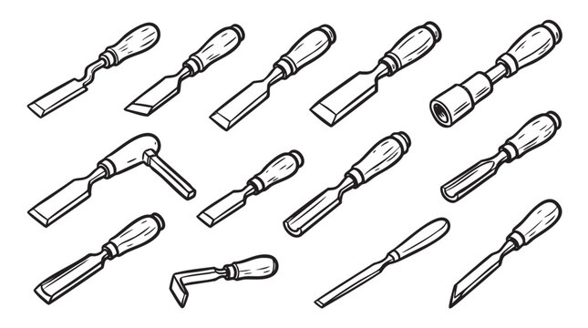 Set of various chisels for woodworking and carving isolated on white background.