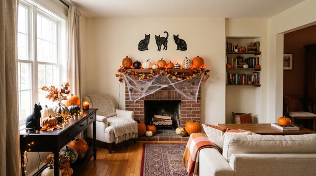 Cozy living room decorated with festive pumpkins and autumnal accents for seasonal holiday home