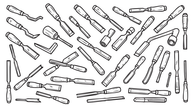 Collection of chisels for woodworking and carving isolated on white background.