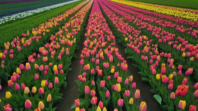 Massive spring tulip field in Keukenhof, colorful rows of tulips swaying in the breeze, cinematic drone shot, slow motion