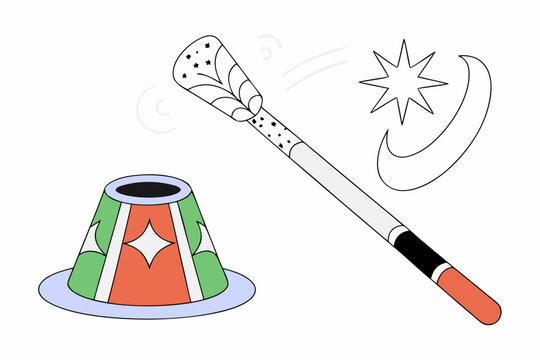 Magical wizard's hat and magic wand for fantasy themes. Enchanting accessories for magic shows or costume parties.