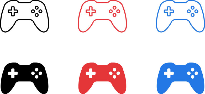 Collection of six video game controller icons in black red and blue outline and solid styles isolated on transparent background