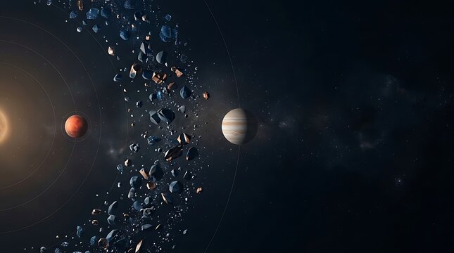 Cinematic view of planets and asteroid belt in solar system orbit