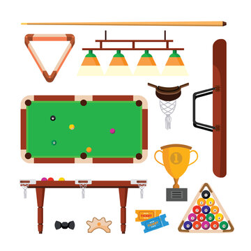Collection of billiards and pool game equipment including tables, cues, racks, balls, trophies, and tickets on white background