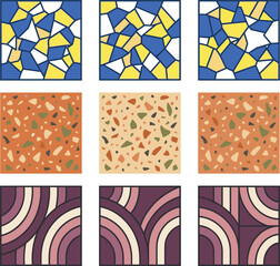 Fototapeta premium Seamless Pattern Collection with Terrazzo Textures, Irregular Mosaic Tiles, Retro Rainbow Arches, and Modern Abstract Vector Background Designs