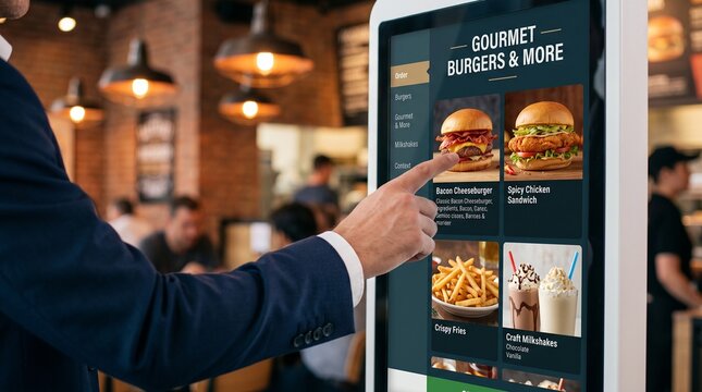 Business professional using self-service kiosk in modern restaurant. Customer placing digital food order on interactive touchscreen menu.