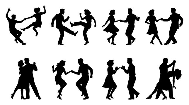 Set of black silhouettes of couples dancing swing, rock and roll, ballroom, energetic motion, dynamic poses, vintage dance styles, party